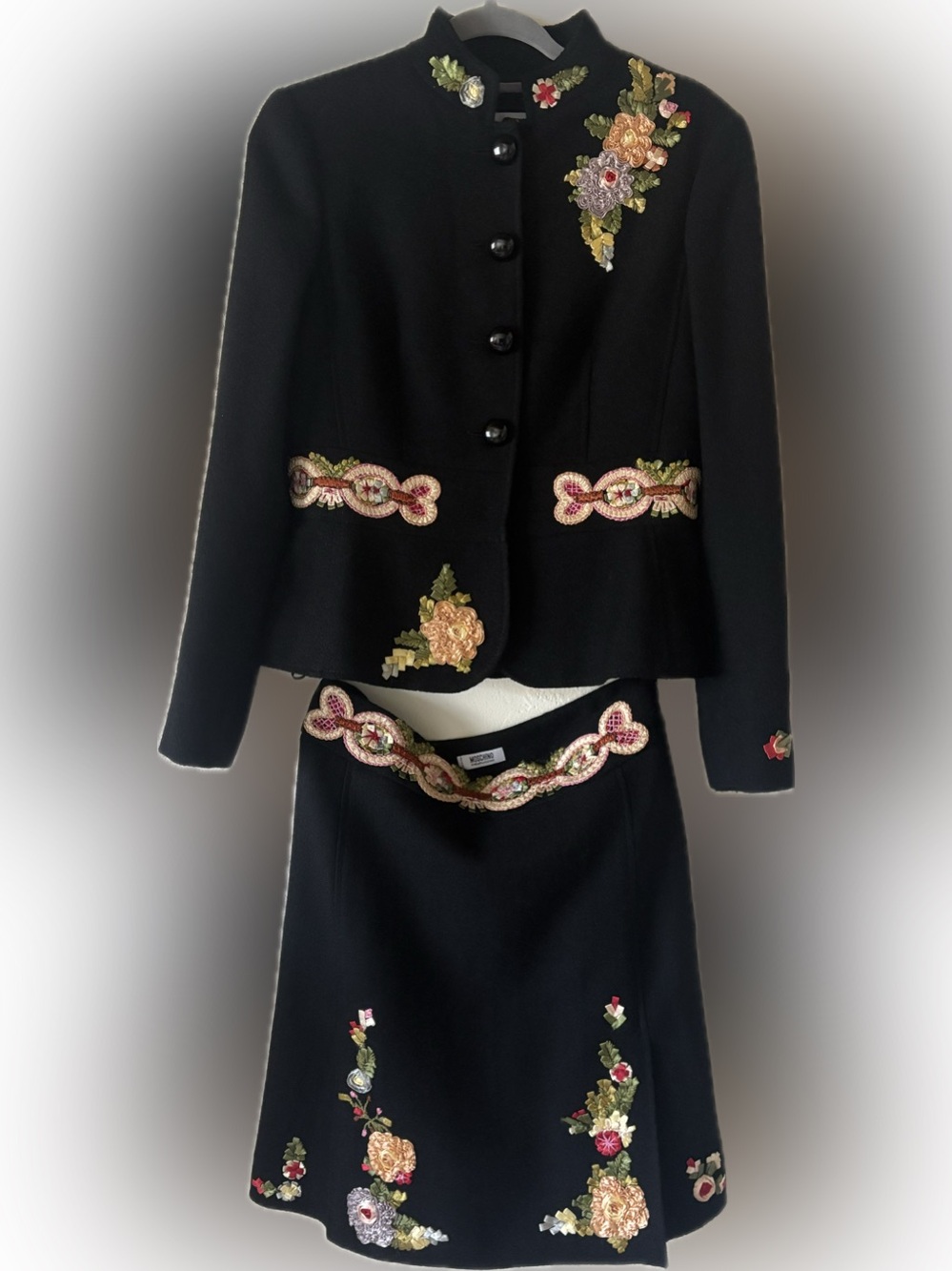 Moschino Rare 2-Piece Skirt Suit Black Ribbon Floral Appliqué Vintage Y2K Sz 10